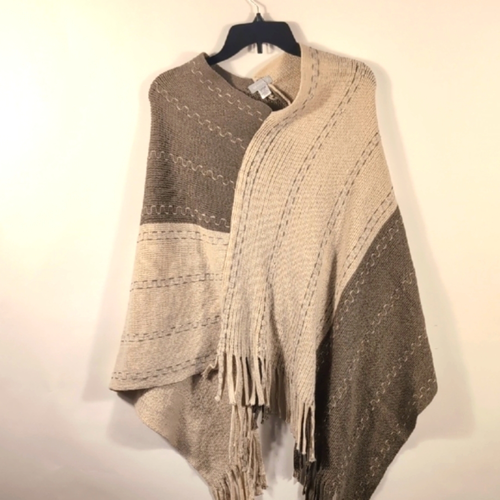 Beige and Brown Knit Poncho with Fringe Free Size